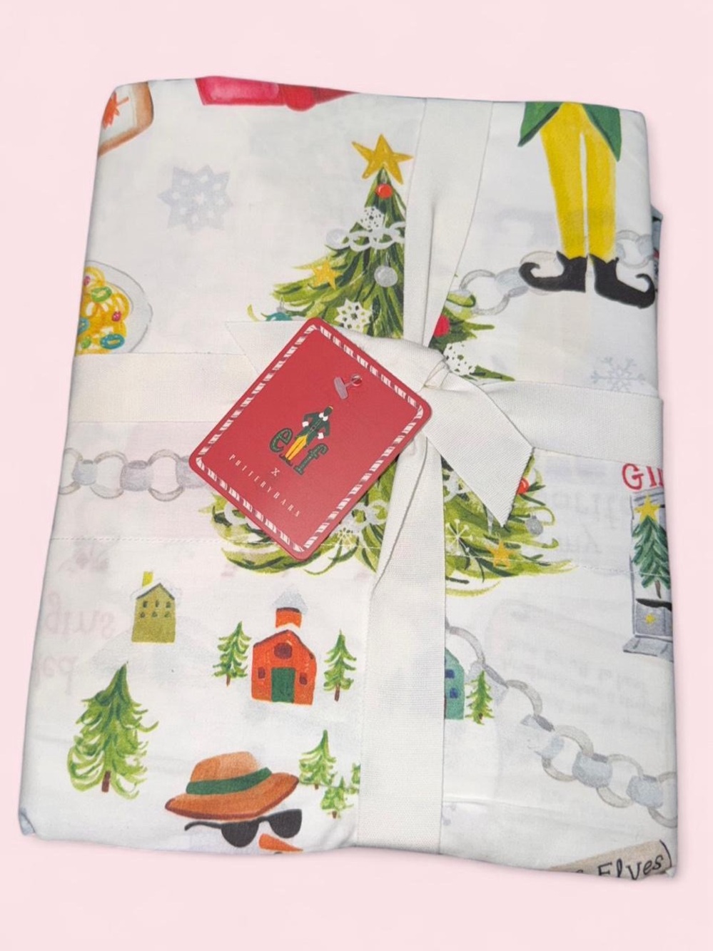NWT Pottery Barn White Holiday Tree & Elf Print Sheet Set